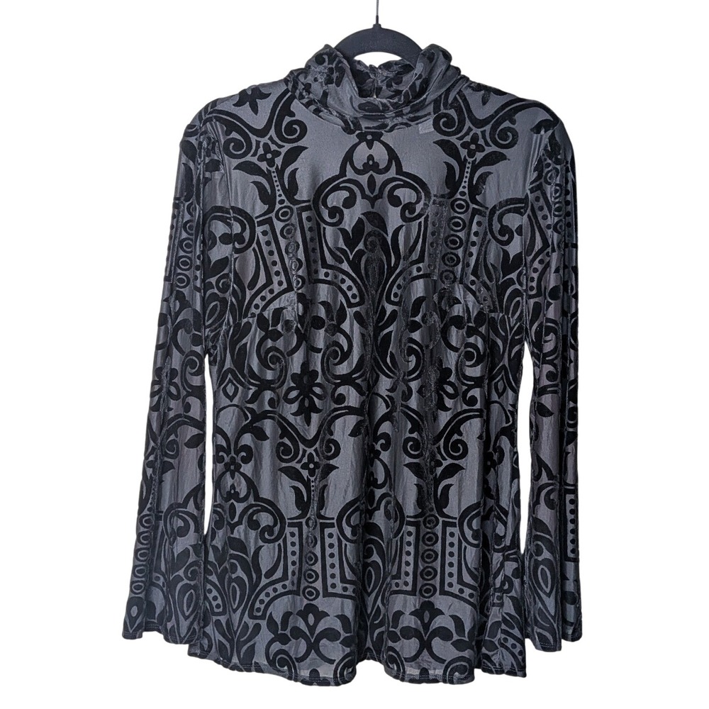 Burnout Velvet Damask Top High Neck Black Long Sleeve Sheer M whimsigoth Witchy